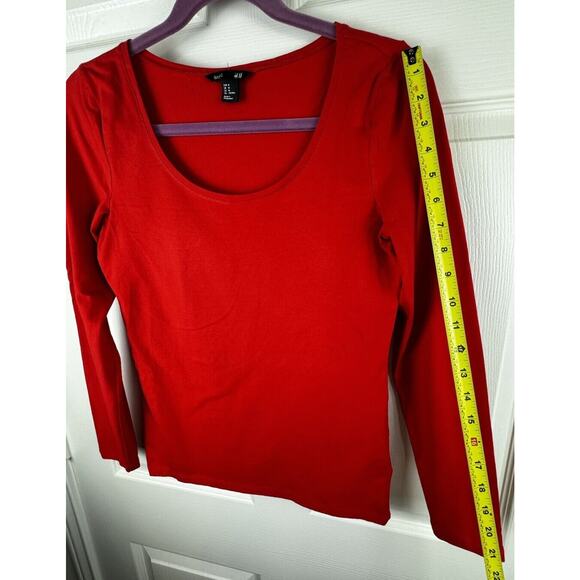 H&M Scooped Neck Top Long Sleeves Red M Casual Minimalist 50-08 - Picture 6 of 15